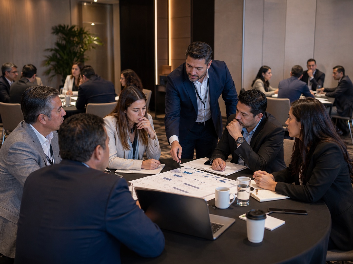 Lideres comerciales revisando una estrategia de ventas en un taller ejecutivo